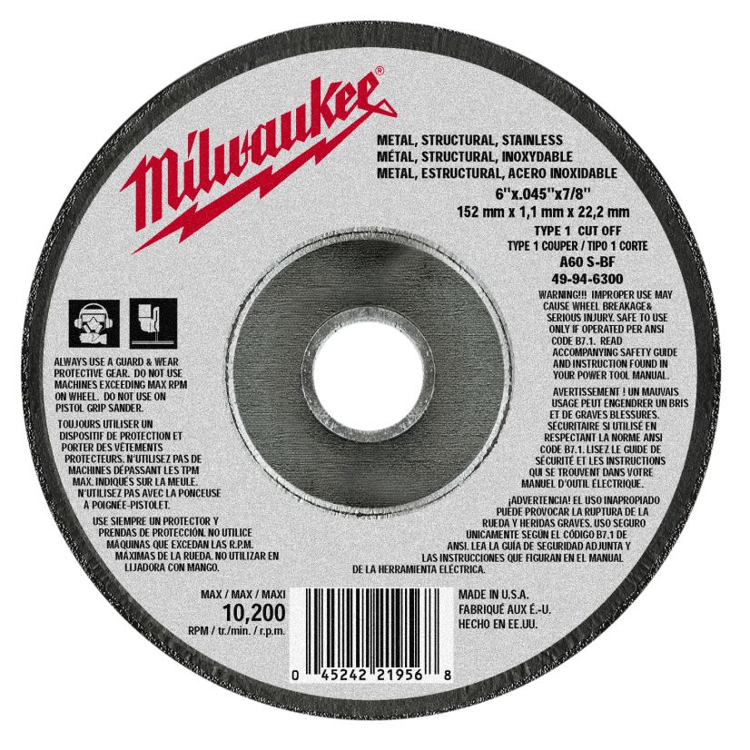 Milwaukee 49-94-6300 Type 1 Reinforced Cutting Wheel, 6 in Dia x 0.045 in THK, 7/8 in Center Hole, A60T Grit, Aluminum Oxide Abrasive